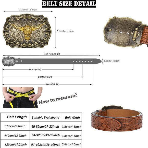 Western-PU-Leather-Belts for Men and Women Cowboy-Cowgirl Longhorn-Bull-Pattern- - Picture 2 of 8